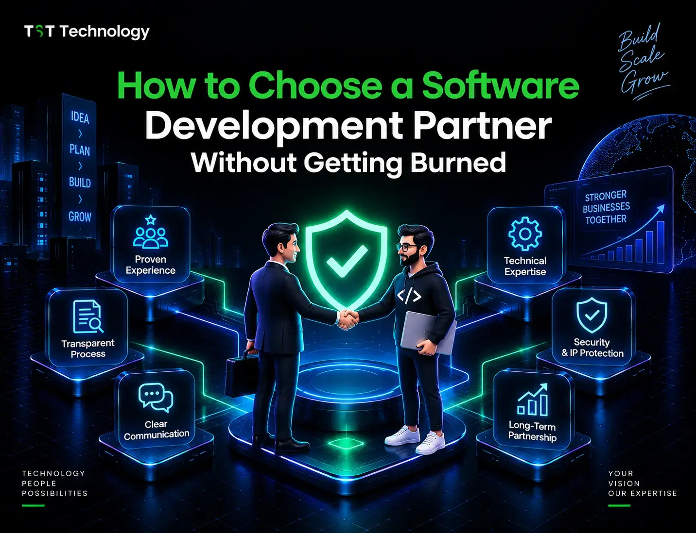How to choose a software development partner without getting burned: a client and a developer shake hands beside a security shield, surrounded by six selection criteria from proven experience to long-term partnership