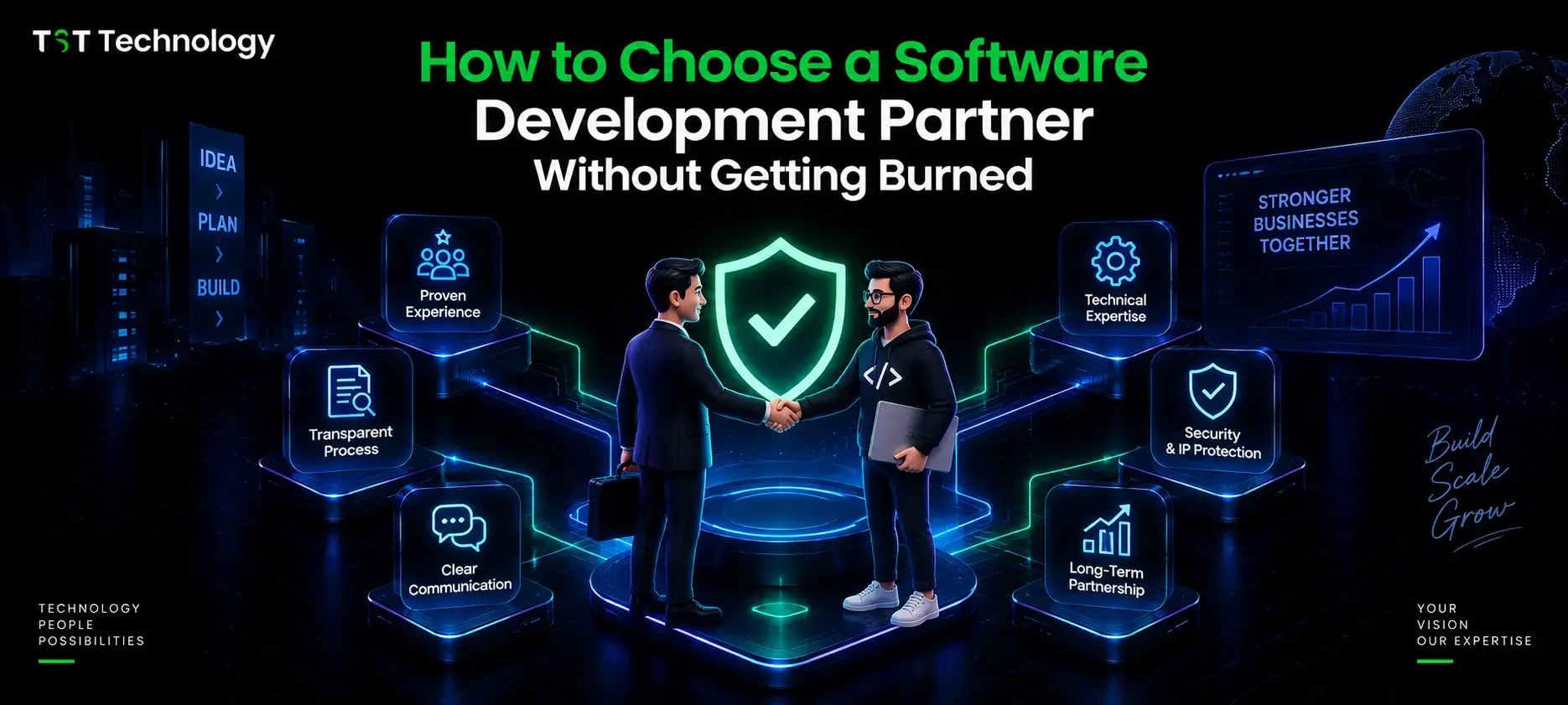 How to choose a software development partner without getting burned: a client and a developer shake hands beside a security shield, surrounded by six selection criteria from proven experience to long-term partnership