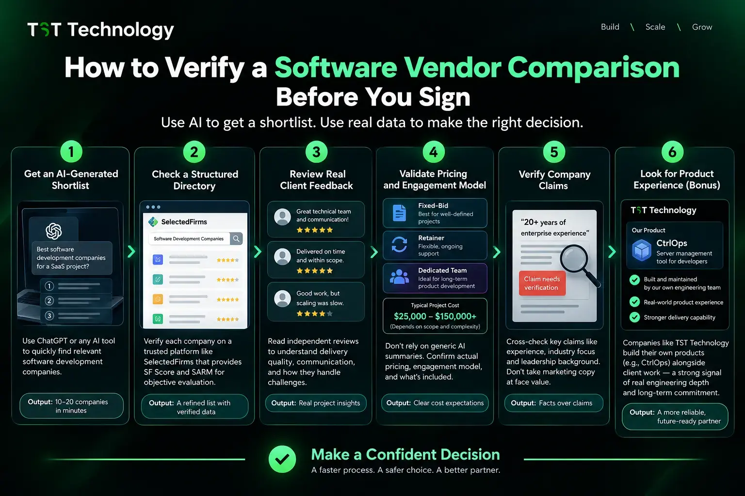 Six steps to verify a software vendor comparison before you sign: get an AI-generated shortlist, check a structured directory, review real client feedback, validate pricing and engagement model, verify company claims, and look for product experience