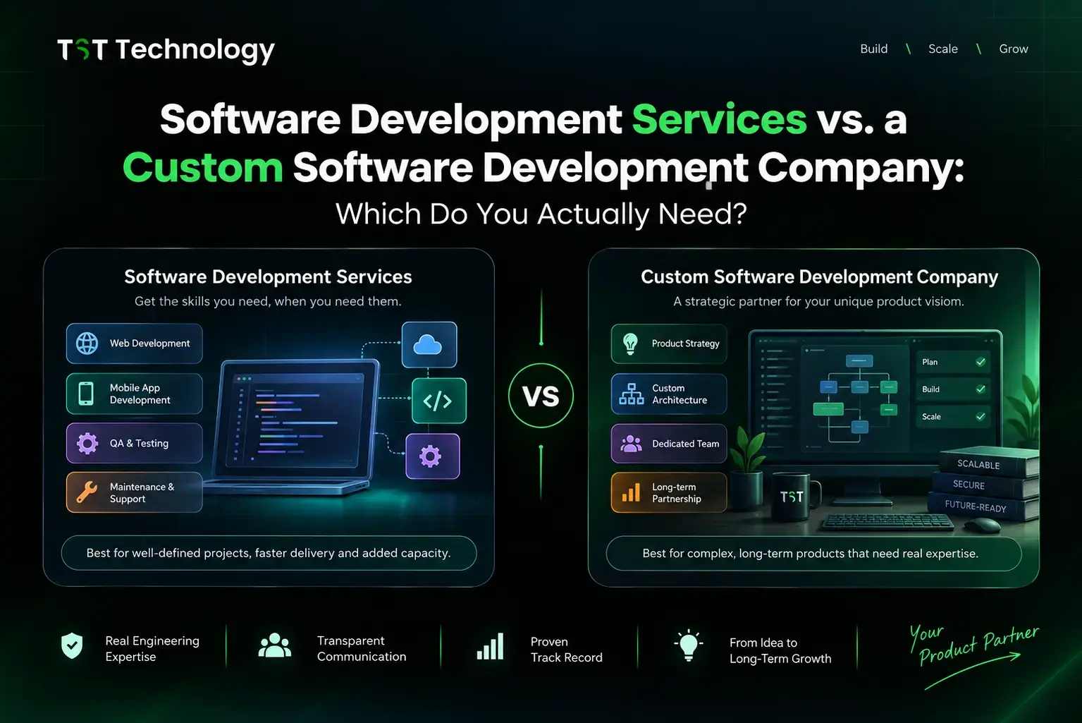 Software development services versus a custom software development company: templated services such as web development, mobile app development, QA and maintenance for well-defined projects, compared with product strategy, custom architecture and a dedicated team for complex long-term builds